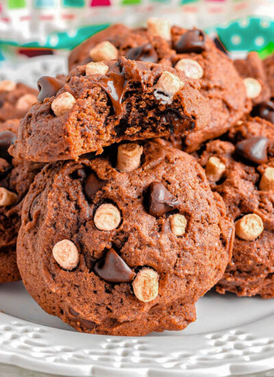 A bunch of hot chocolate cookies on a white plate.