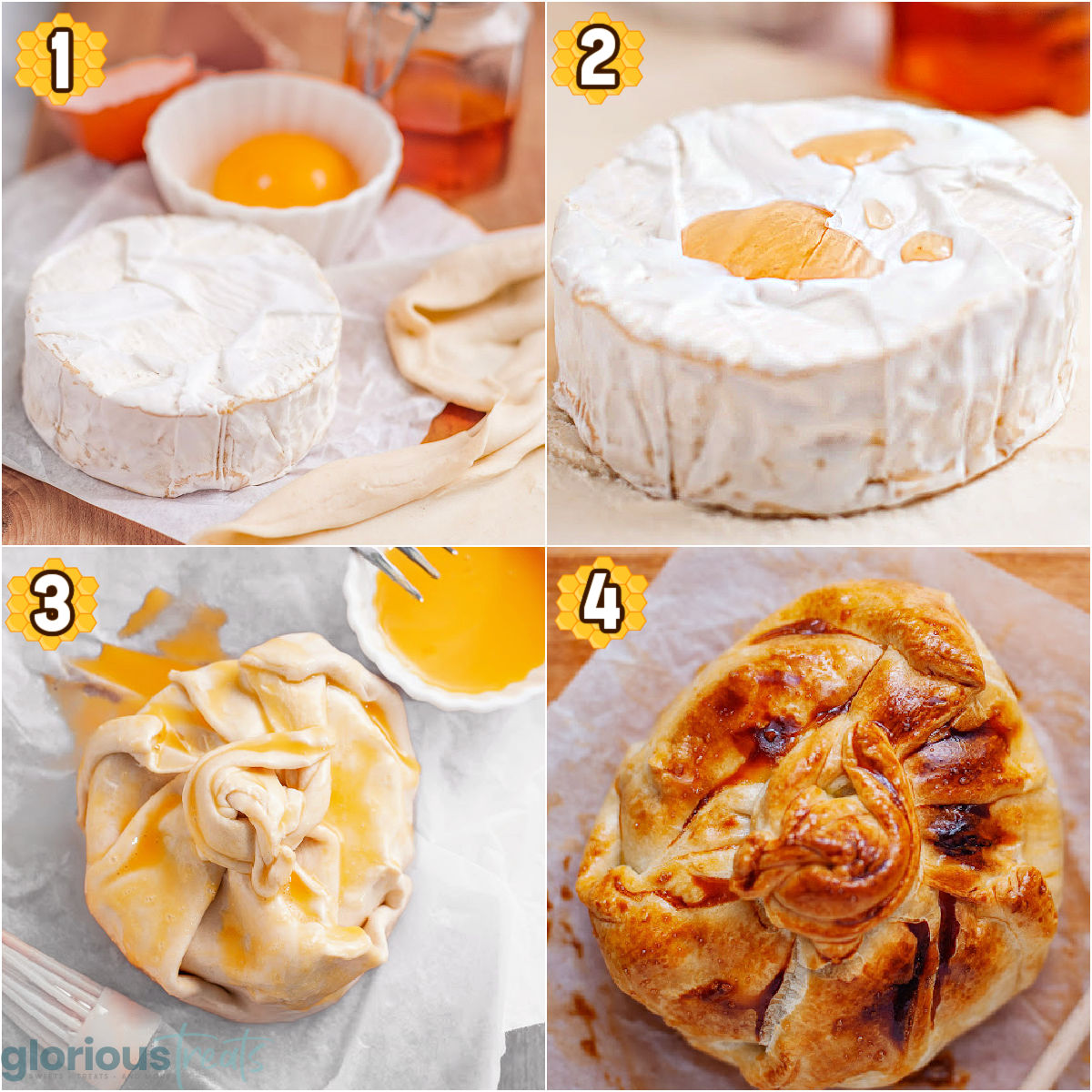 A 4 image collage that shows different photos for the steps for making honey baked brie.