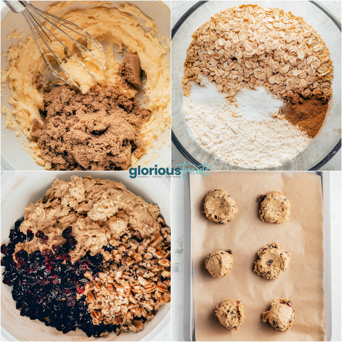 A four image collage that shows the steps for making oatmeal cranberry cookies.