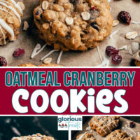 A 3 image collage that shows different photos of oatmeal cranberry cookies with a colored text overlay in the middle.