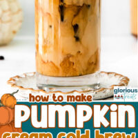 A 4 image collage with different shots of pumpkin cream cold brew. A colored text overlay is in the middle.