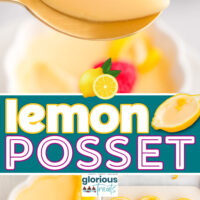 A pinterest pin for lemon posset with three different images of the posset. A colored text overlay is in the middle.